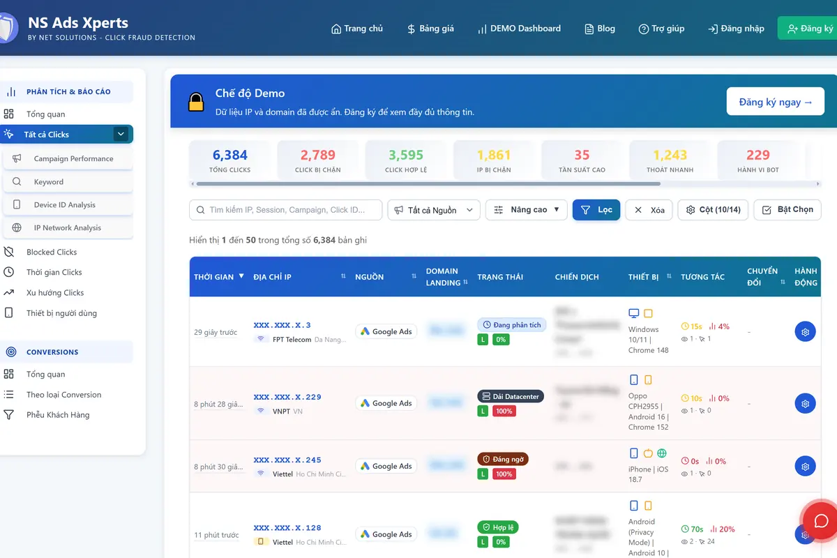 Cách kiểm tra click ảo Google Ads trên dashboard NS Ads Xperts