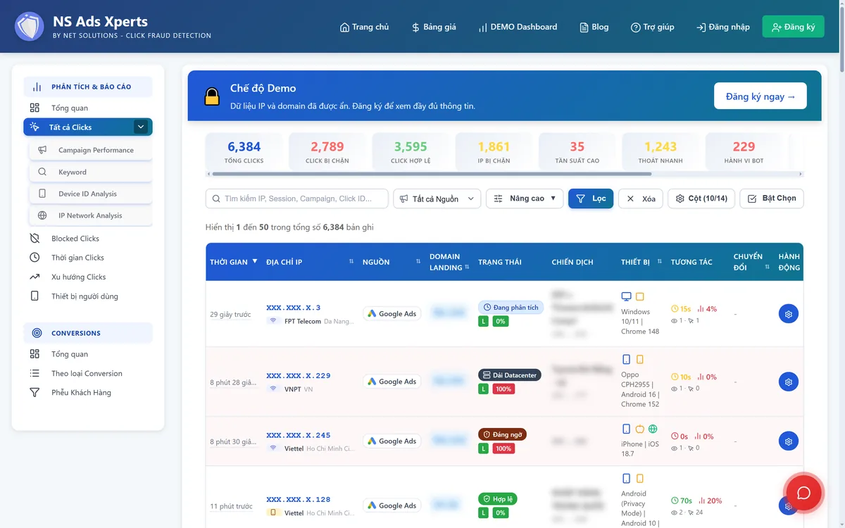 Màn hình Tất cả Clicks của NS Ads Xperts với hàng thẻ số, các nút Nâng cao, Lọc, Cột, Bật Chọn và bảng click Google Ads