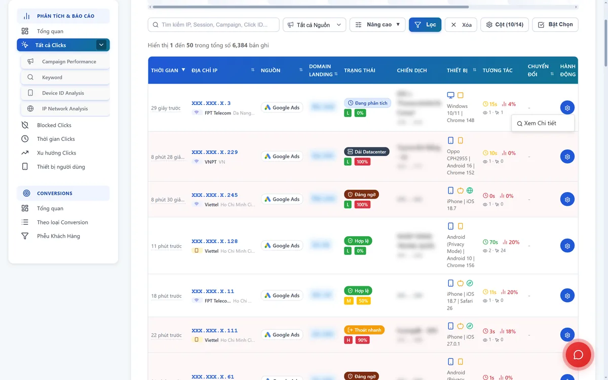 Bảng Tất cả Clicks với menu bánh răng ở cột Hành động đang mở, hiện mục Xem Chi tiết cho một dòng click