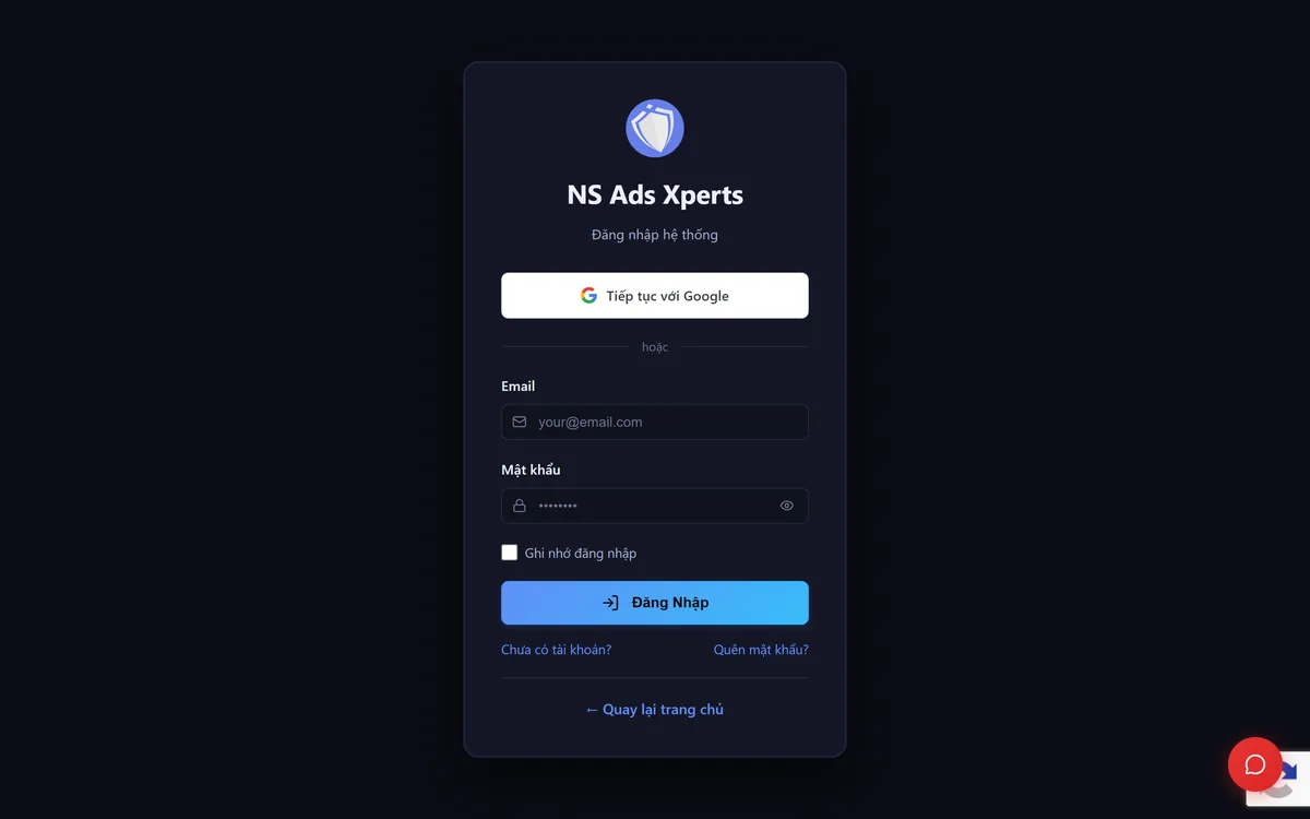 Trang Đăng nhập hệ thống NS Ads Xperts với nút Tiếp tục với Google, ô Email, Mật khẩu, nút Đăng Nhập và liên kết Chưa có tài khoản?
