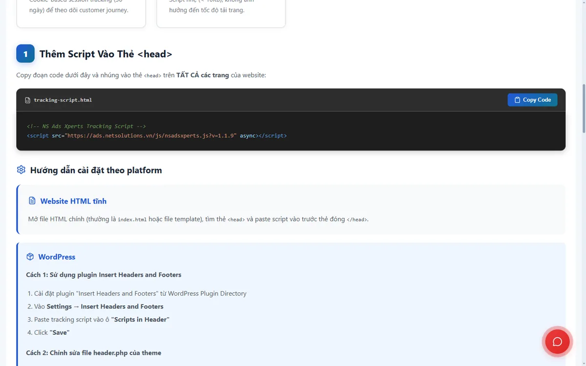Khối mã tracking-script.html với nút Copy Code trong mục Thêm Script Vào Thẻ head trên trang hướng dẫn tích hợp NS Ads Xperts