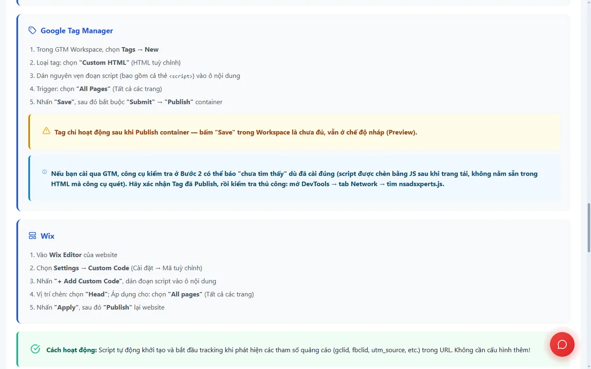 Các bước cài mã NS Ads Xperts qua Google Tag Manager: tag Custom HTML, trigger All Pages, Save rồi Submit và Publish container