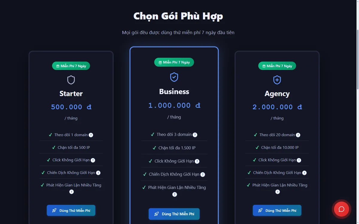 Ba thẻ gói Starter, Business, Agency trên trang bảng giá NS Ads Xperts, mỗi thẻ có nhãn Miễn Phí 7 Ngày và nút Dùng Thử Miễn Phí