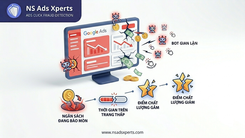 H&igrave;nh ảnh minh họa nguy cơ click ảo Google Ads l&agrave;m l&atilde;ng ph&iacute; ng&acirc;n s&aacute;ch quảng c&aacute;o