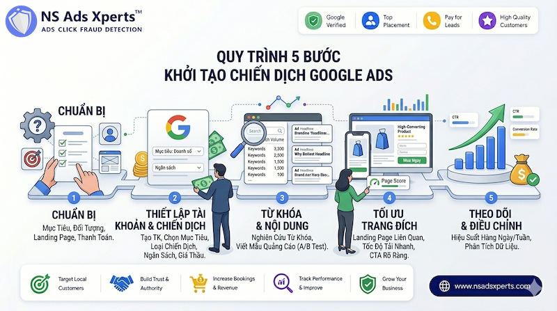 Quy tr&igrave;nh thiết lập chiến dịch Google Ads cơ bản