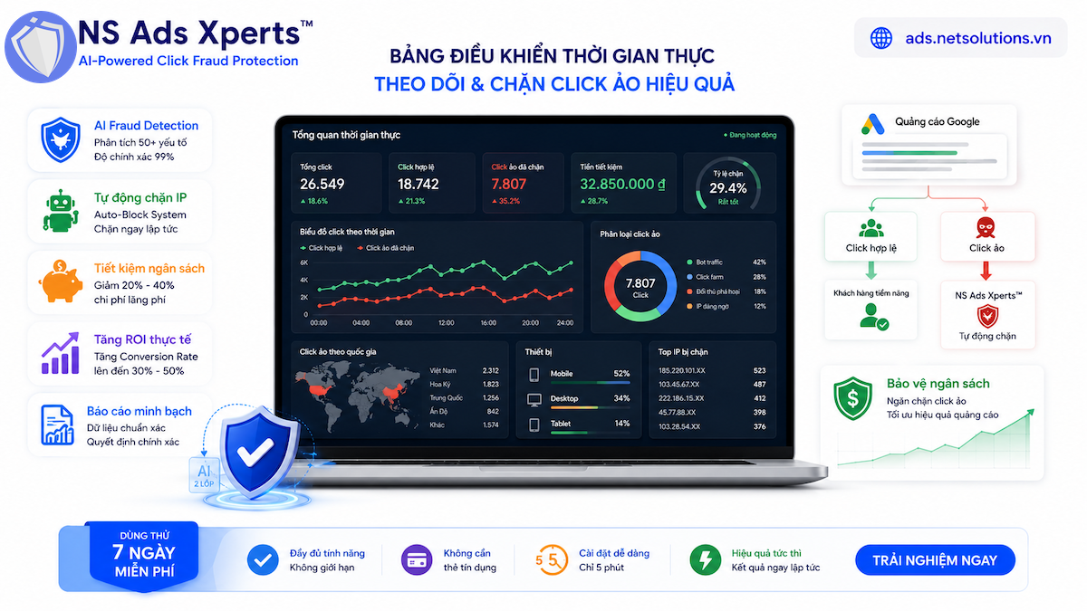 Giao diện hệ thống chống click ảo NS Ads Xperts