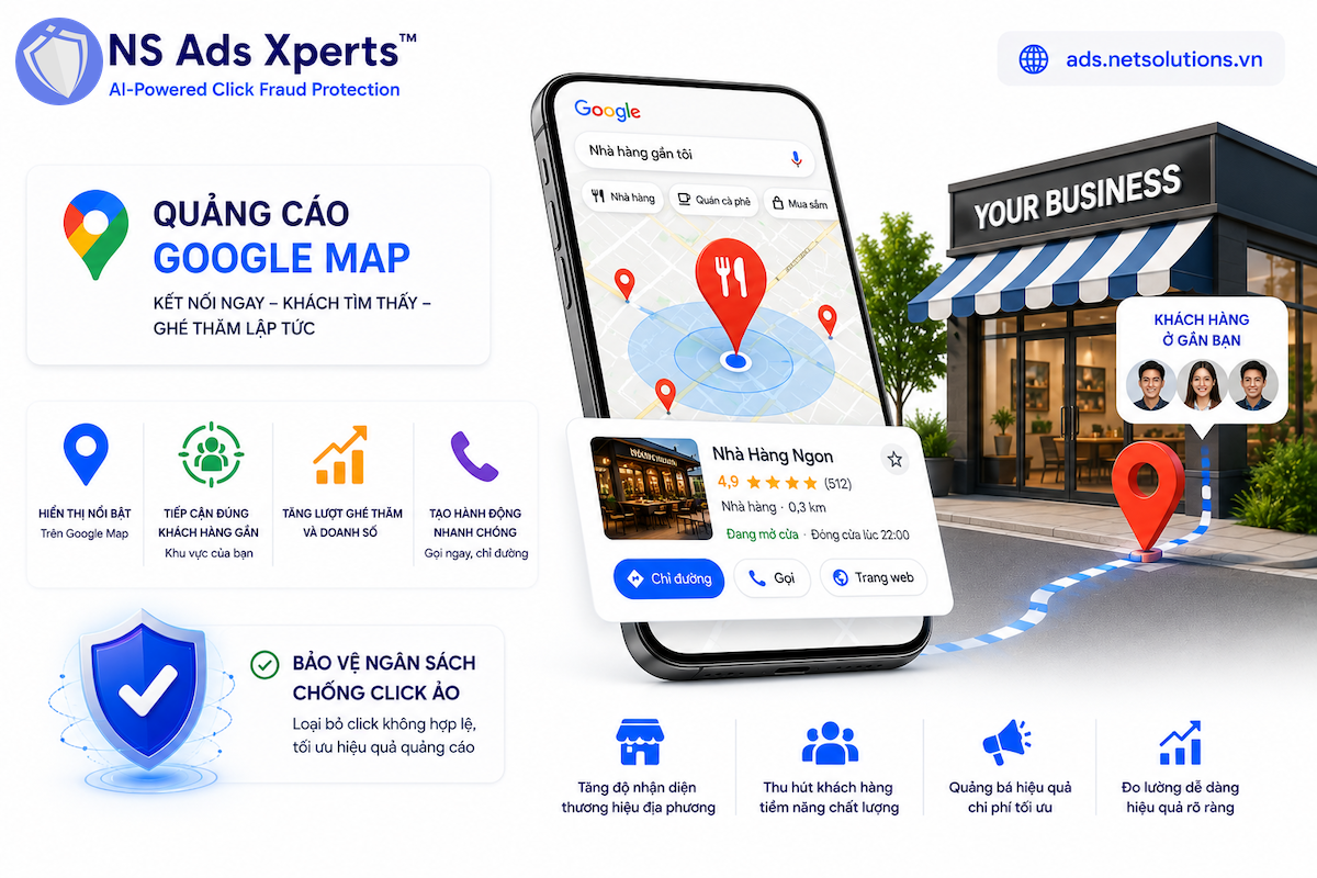 H&igrave;nh ảnh bản đồ Google Map với c&aacute;c điểm ghim quảng c&aacute;o nổi bật
