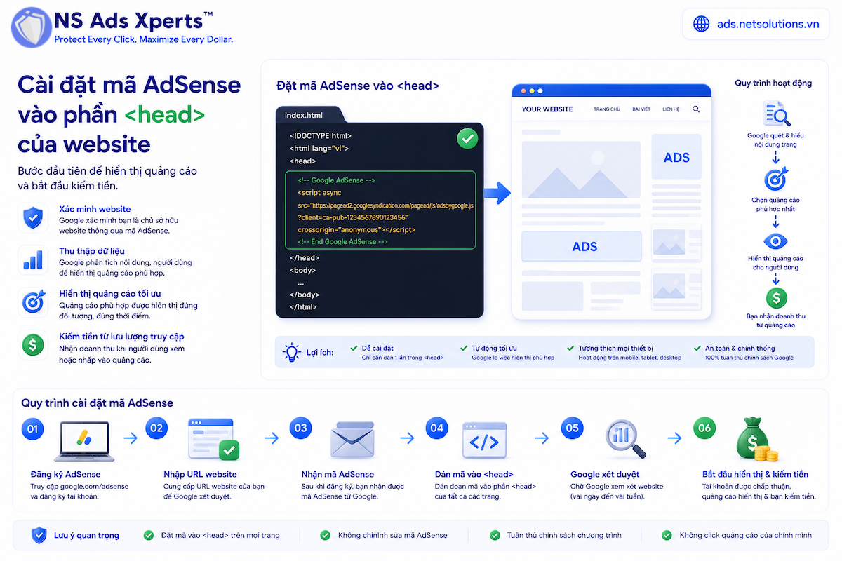 Giao diện cài đặt mã AdSense trên website